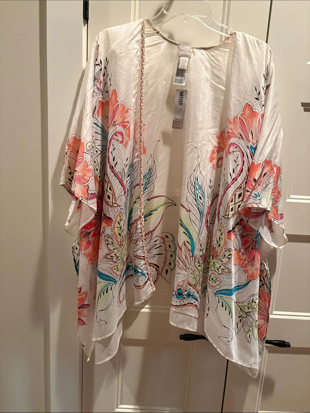 Floral Printed Kimono Jacket - White with Coral & Teal Accents